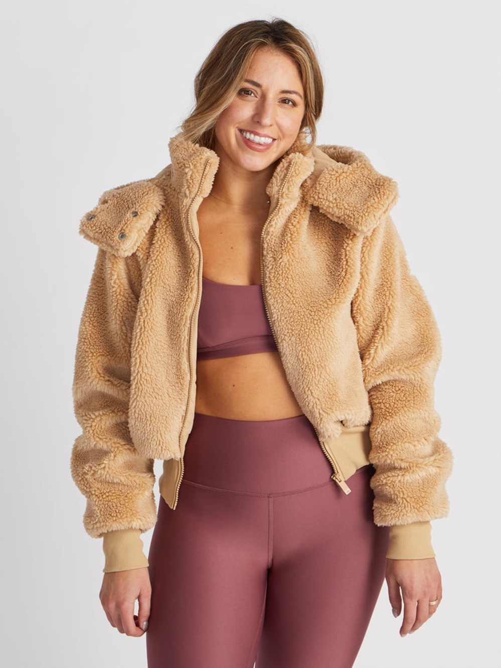 Alo Yoga Camel Tan Foxy Sherpa Hooded Full Zip Jacket Size Small